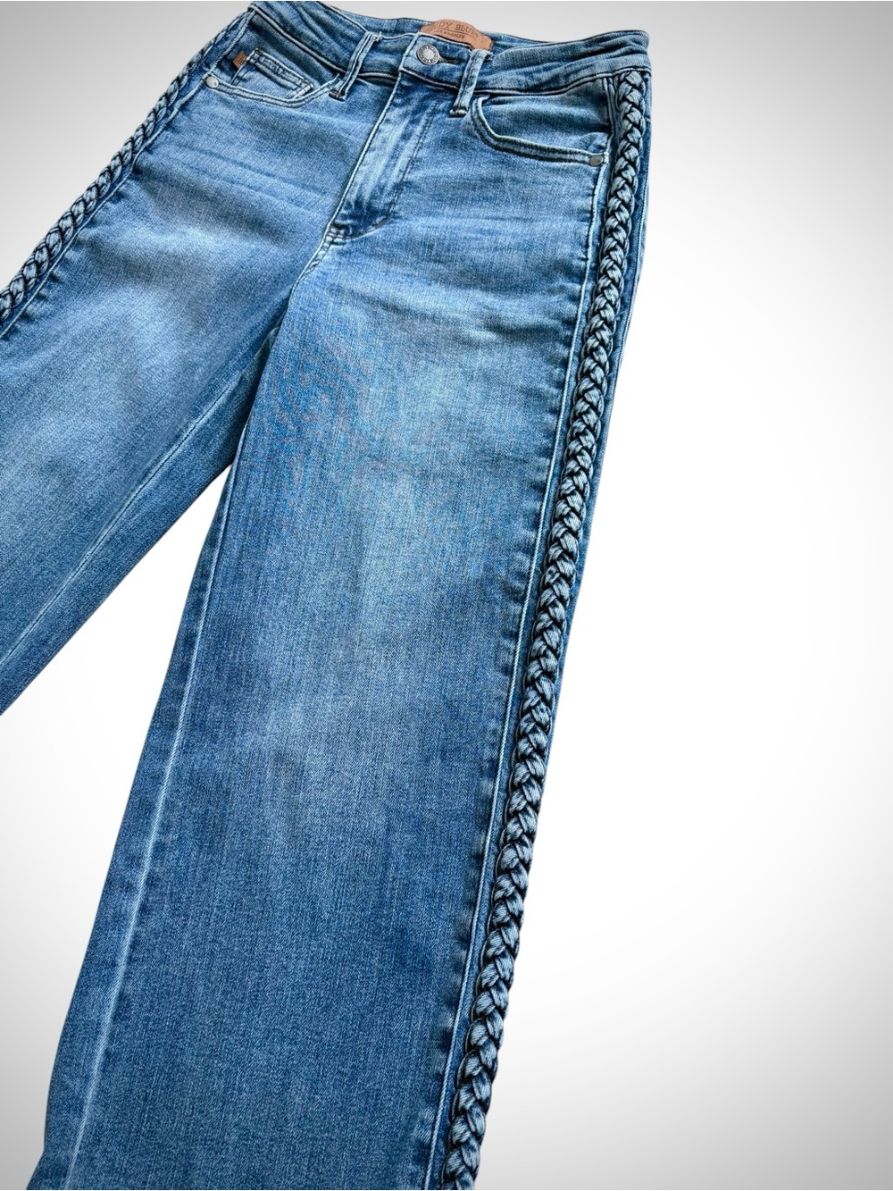 Judy Blue Braided Side Seam Wide Leg Cropped Jeans Sz 3/26 Boho Retro Denim EUC